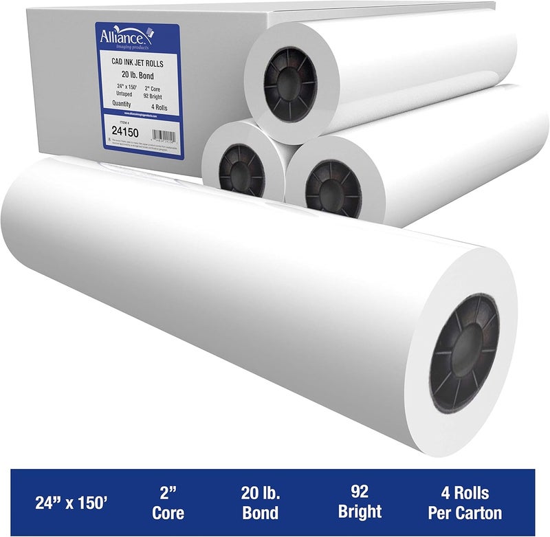 Alliance Wide Format Paper 24" x 150' CAD Bond Rolls (20lb | 4 Rolls, 24 In x 150 Ft | 2" Core) - Image 2